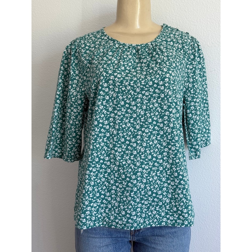 J Crew Floral Puff Sleeve Blouse Medium Green White Cottagecore Twee Top Peasant